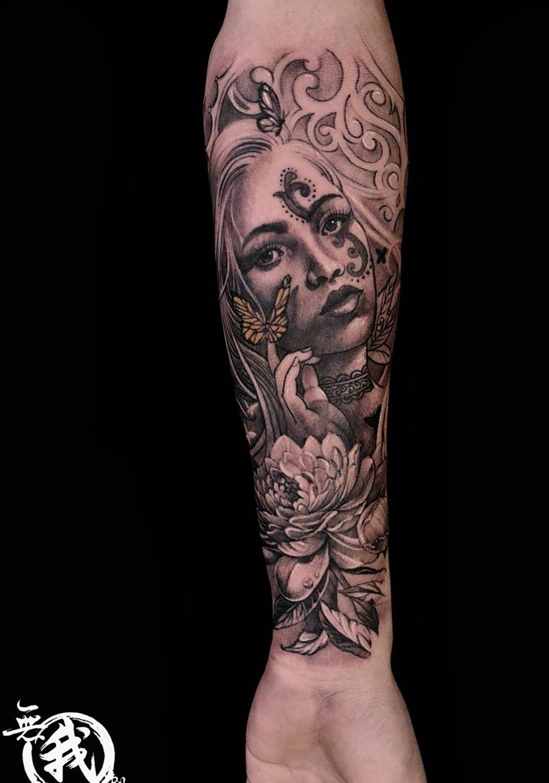 欧美作品纹身图片_欧美肖像写实成品手稿插画手部手臂人物植物纹身图案