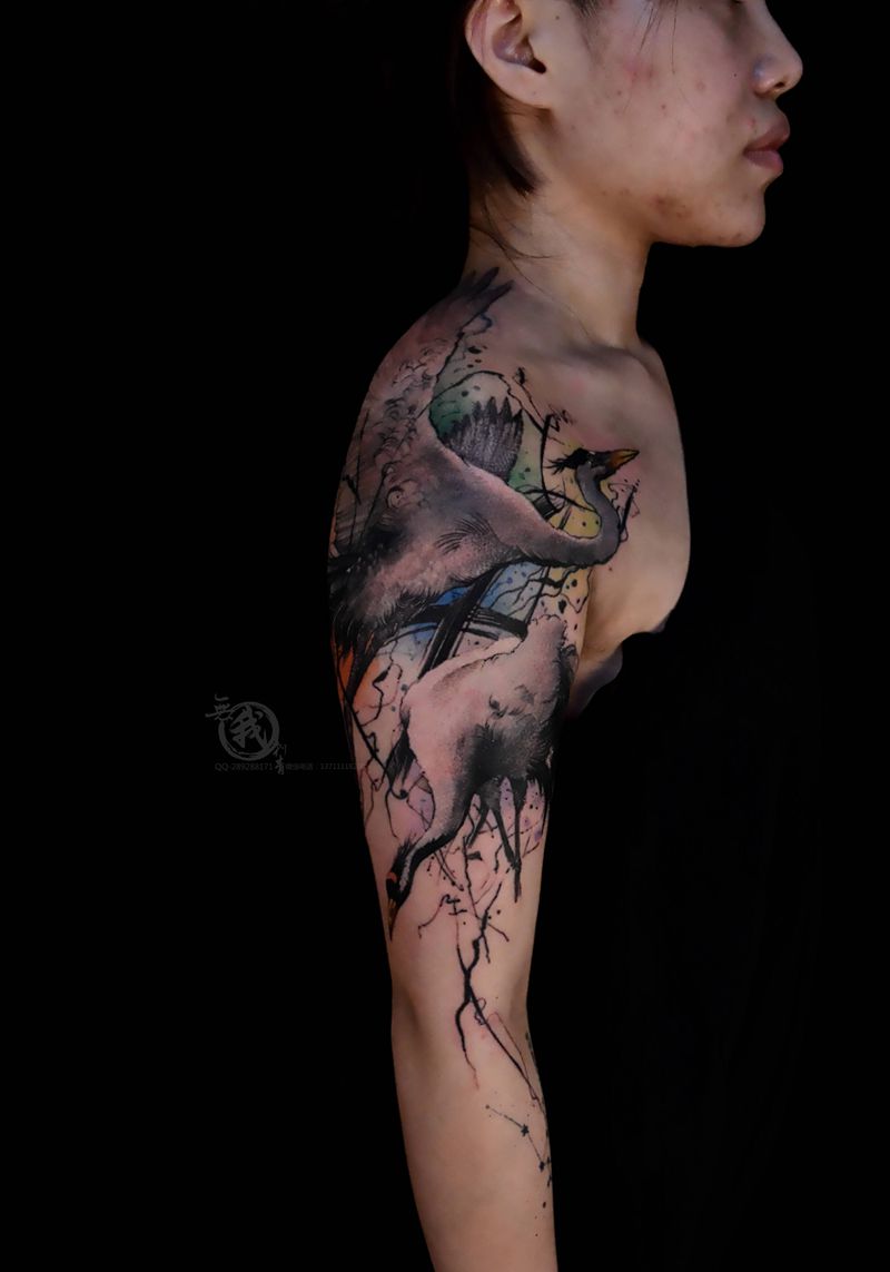 仙鹤纹身图片_手部手臂水彩新传统水墨 中国风纹身图案