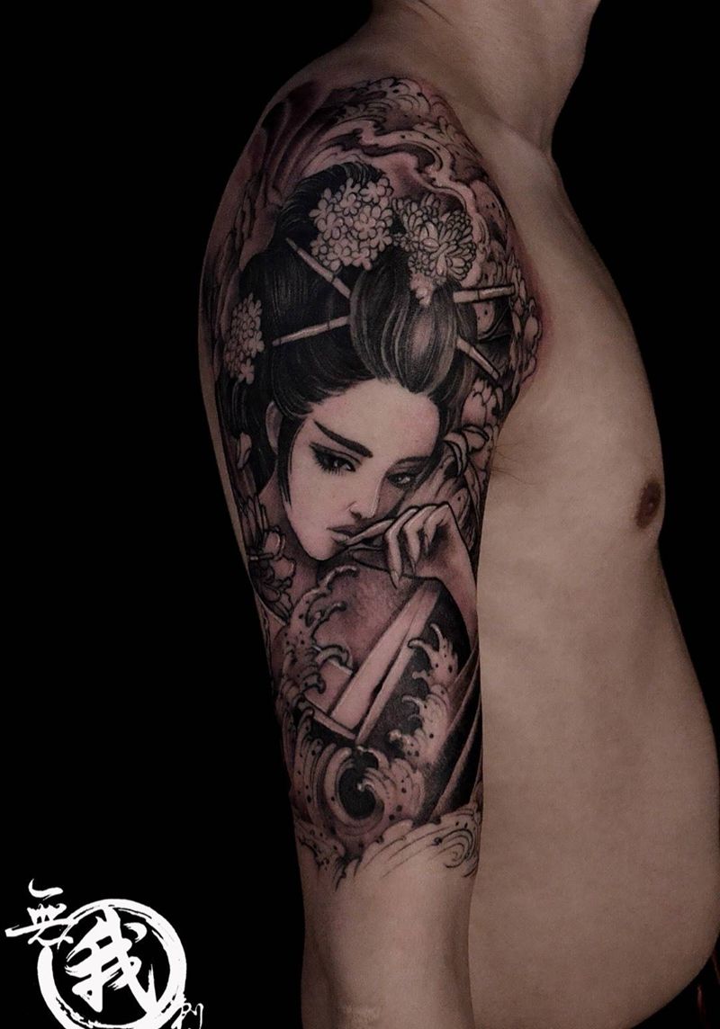 艺妓纹身图片_成品手稿插画手部手臂传统清新写实肖像国画纹身图案
