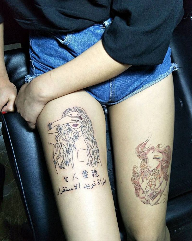 姐妹纹身纹身图片_腿部欧美清新纹身图案