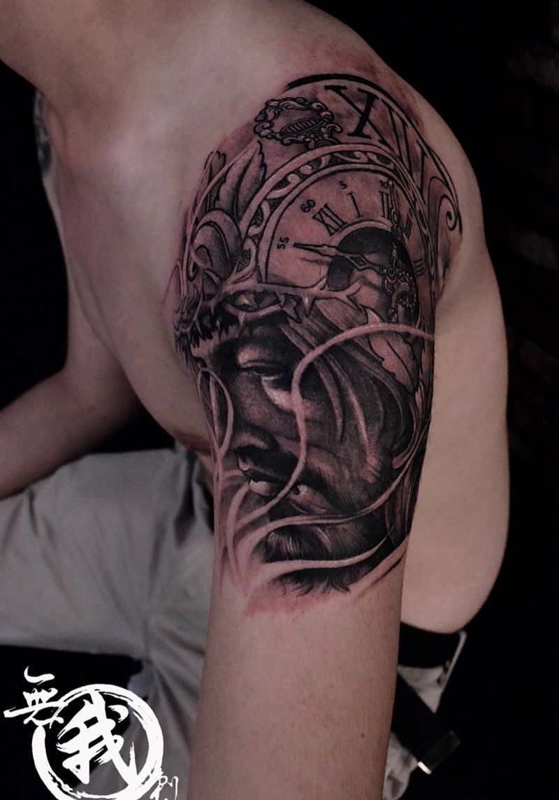 耶稣钟表纹身图片_欧美肖像写实手部手臂成品手稿插画宗教人物纹身图案