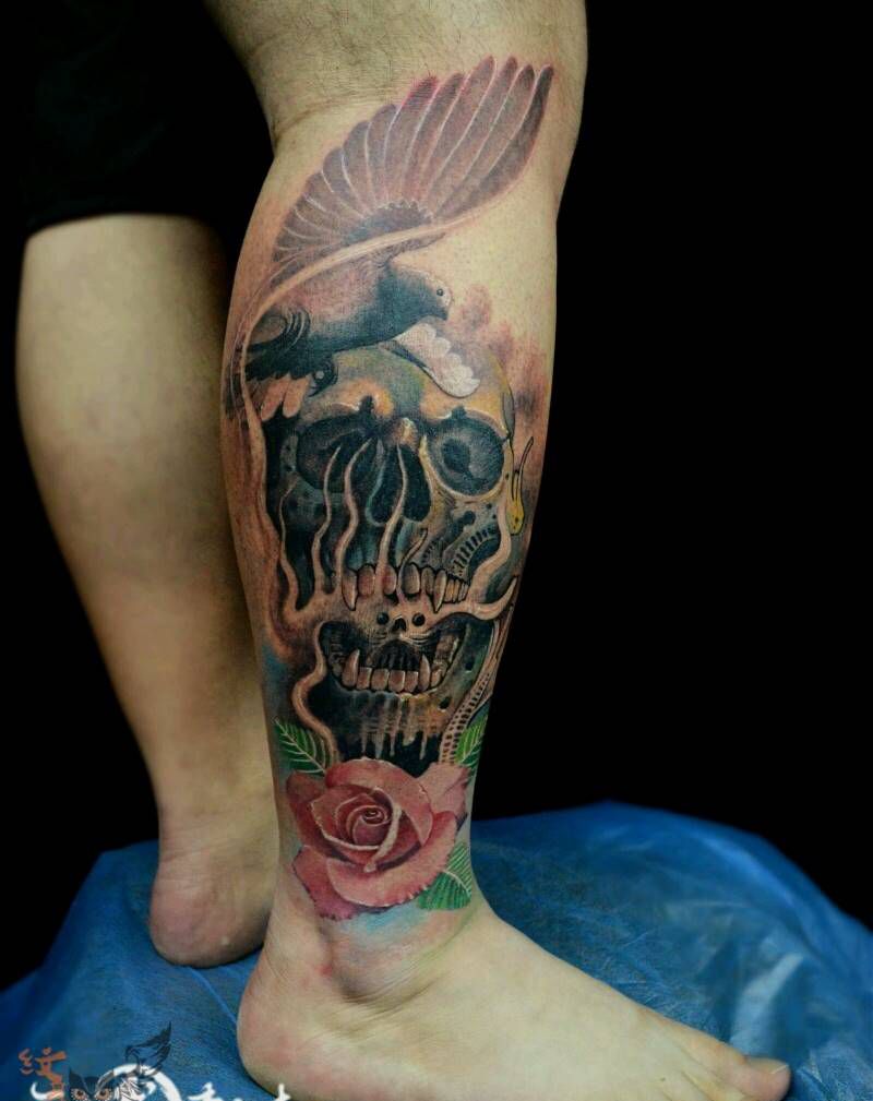 原创骷髅纹身图片_欧美写实腿部脚部动物人物植物鬼神宗教原创纹身图案