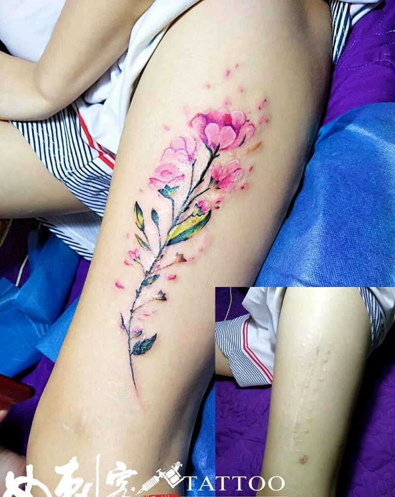 遮盖手术疤纹身图片_清新植物水彩成品纹身图案