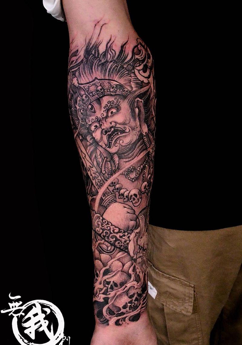 包小臂作品纹身图片_成品手稿手部手臂传统国画清新人物鬼神动物纹身图案