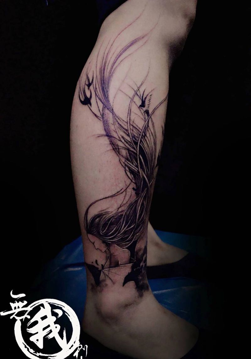 女孩纹身图片_人物脚部腿部成品手稿欧美写实清新肖像纹身图案