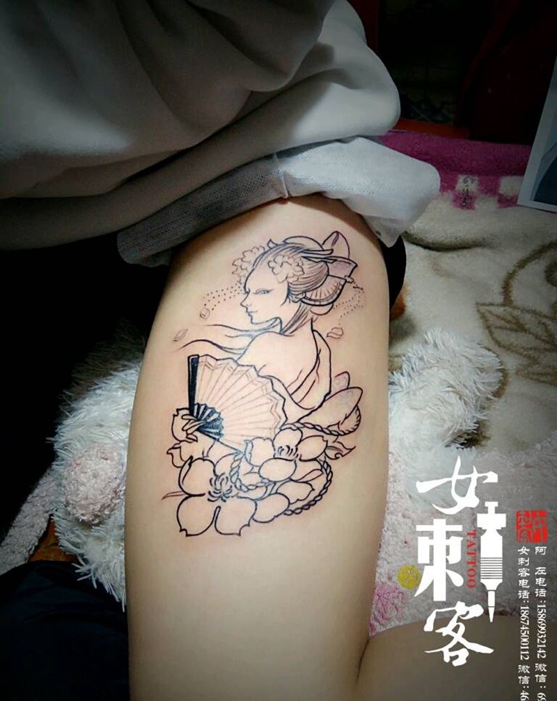 艺妓，线条完成，明天上彩！纹身图片