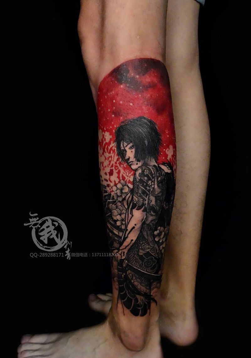小腿半包纹身图片_成品手稿插画腿部传统肖像清新人物写实鬼神纹身图案