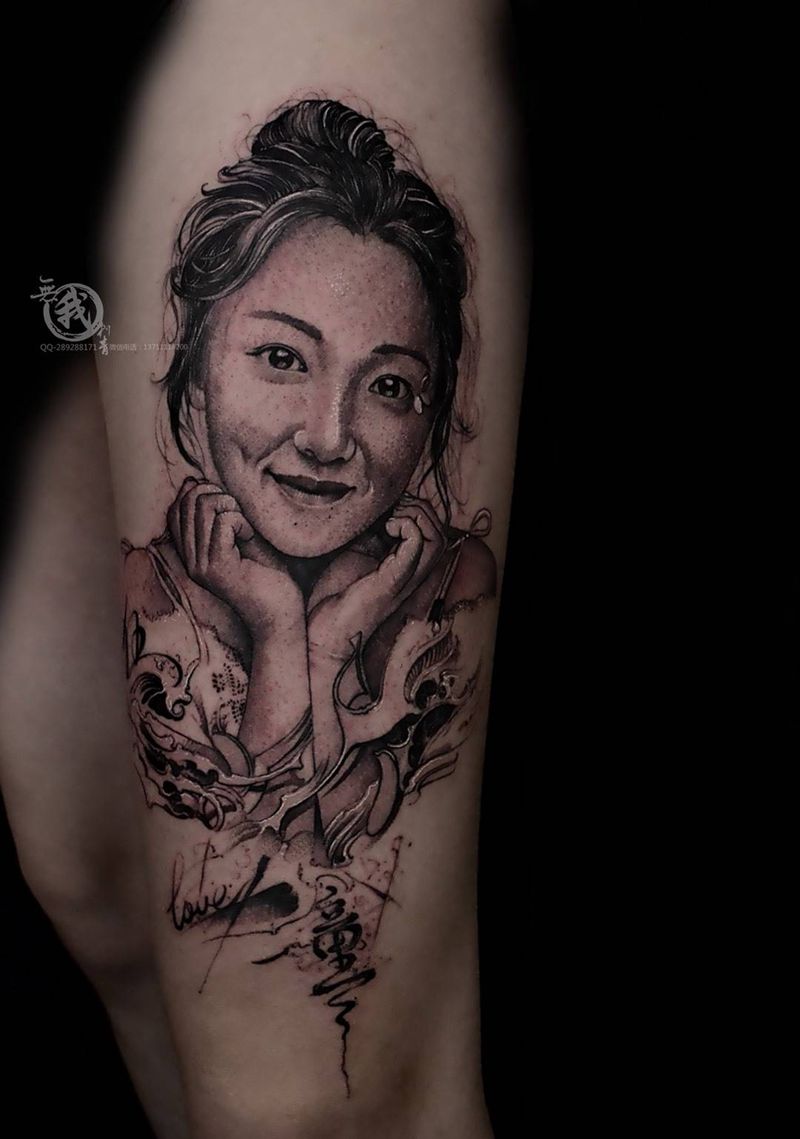 肖像纹身图片_腿部欧美写实纹身图案