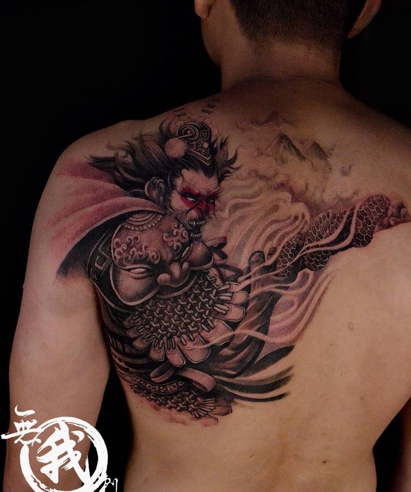 孙悟空 两次完成纹身图片_成品手稿插画背部肩部传统肖像写实人物原创纹身图案