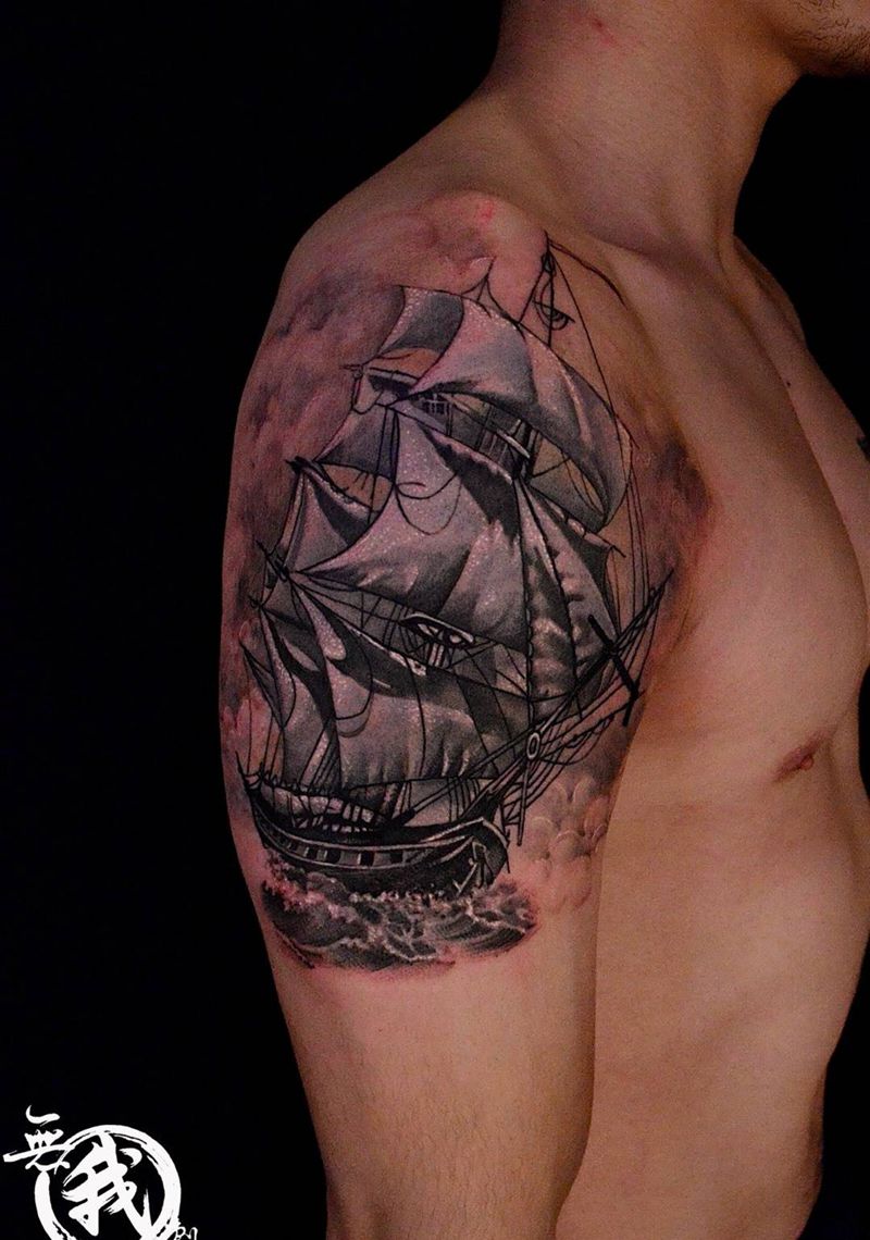 帆船纹身图片_成品手稿手臂手部欧美写实纹身图案