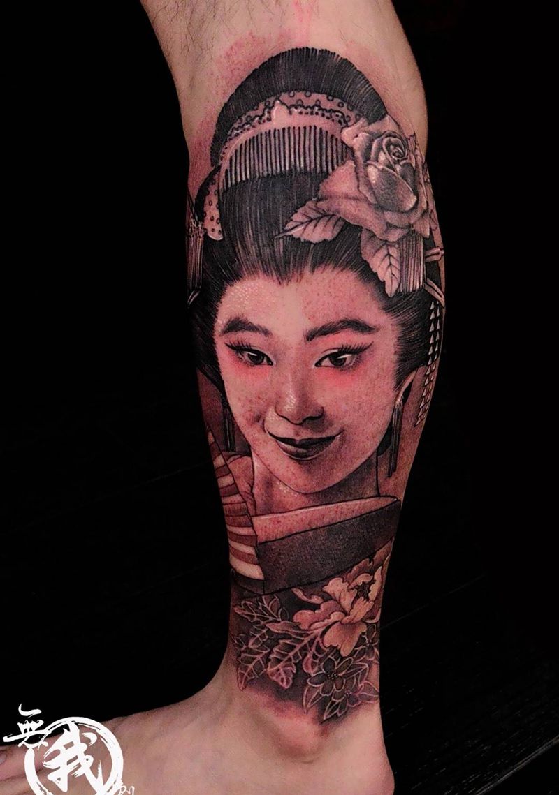 艺妓 酒井法子纹身图片_人物欧美写实肖像传统清新腿部脚部成品手稿纹身图案