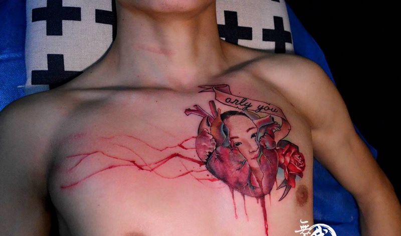 欧美作品纹身图片_成品手稿插画腹部胸部人物原创欧美肖像写实纹身图案