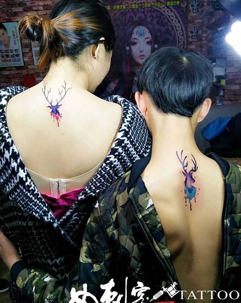 情侣纹身纹身图片_清新动物情侣水彩成品纹身图案