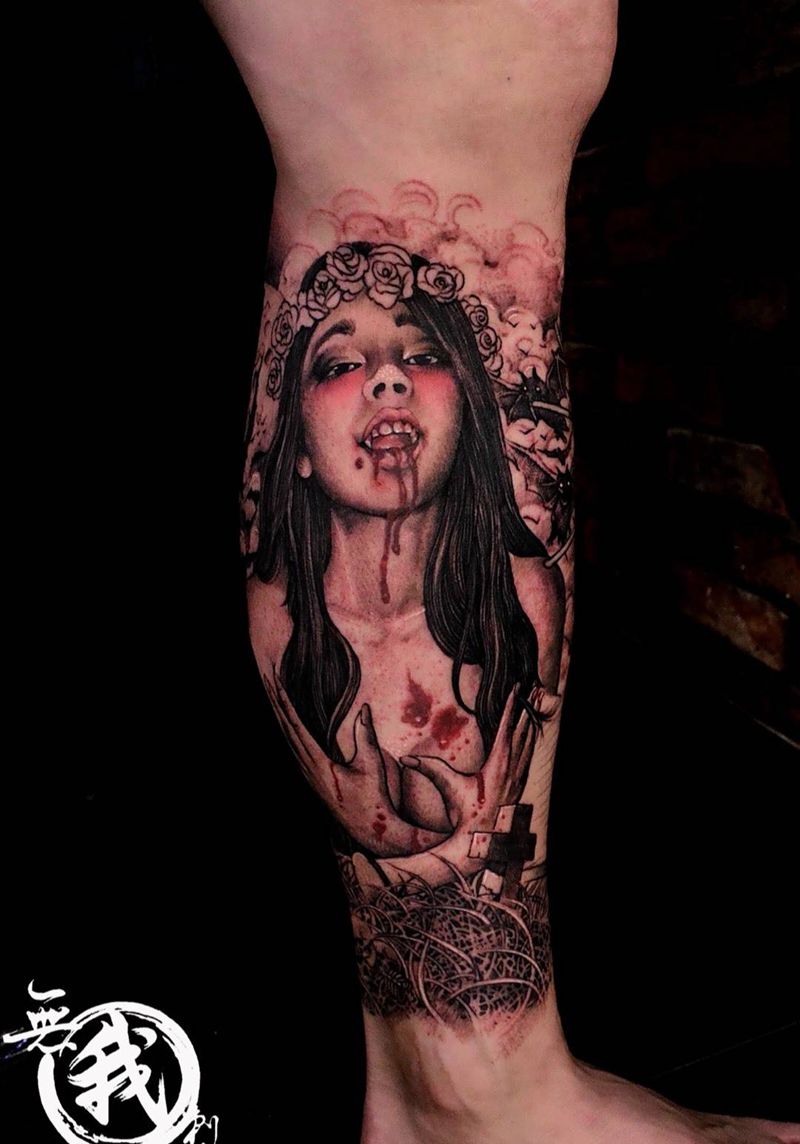 包小腿纹身图片_成品手稿脚部腿部欧美写实肖像人物鬼神纹身图案