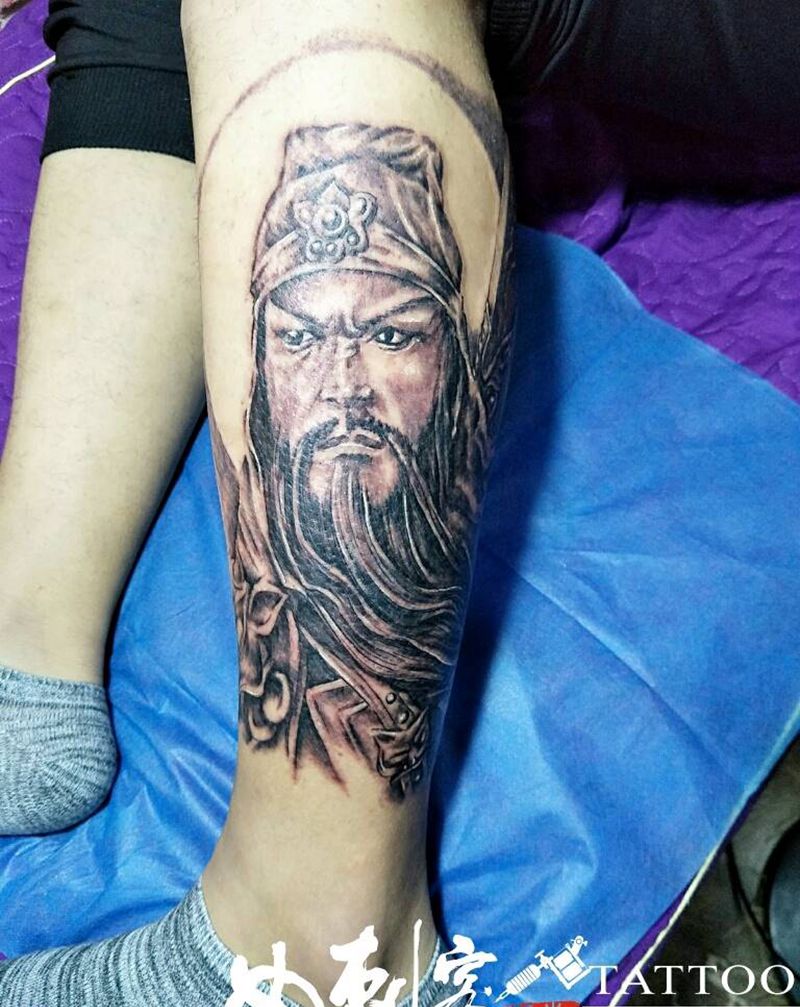 关二爷纹身图片_腿部传统人物关二爷成品纹身图案