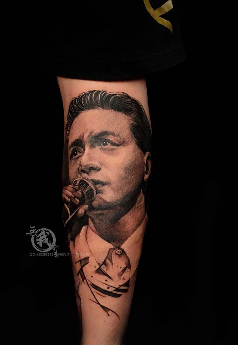 张国荣纹身图片_成品手稿肖像欧美写实人物原创腿部纹身图案