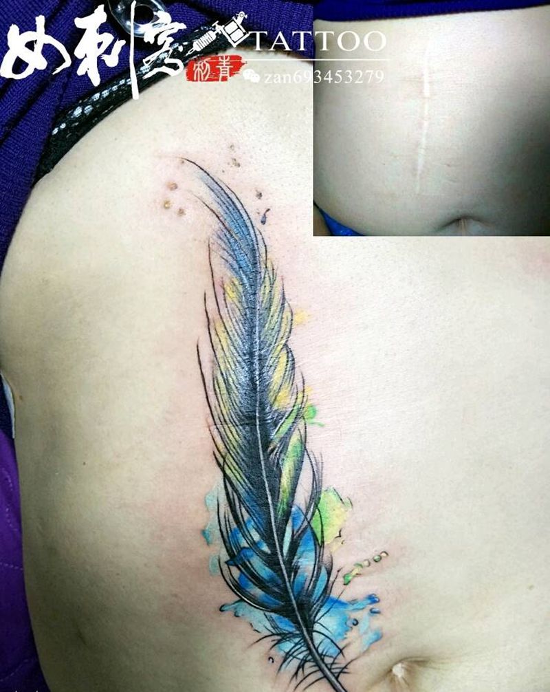 遮疤纹身图片_腹部清新遮盖成品纹身图案