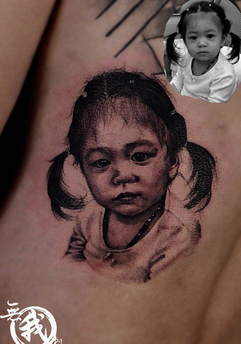 肖像纹身纹身图片_成品手稿插画腰部腹部欧美写实肖像清新人物纹身图案