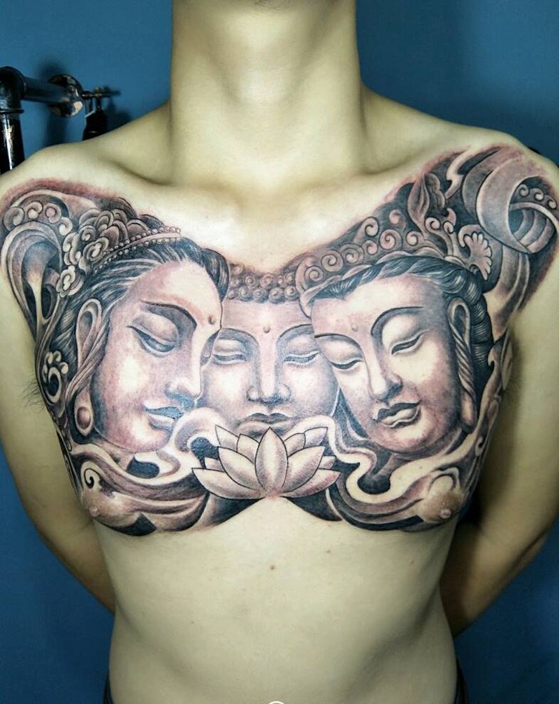 三面佛纹身图片_胸部传统宗教纹身图案