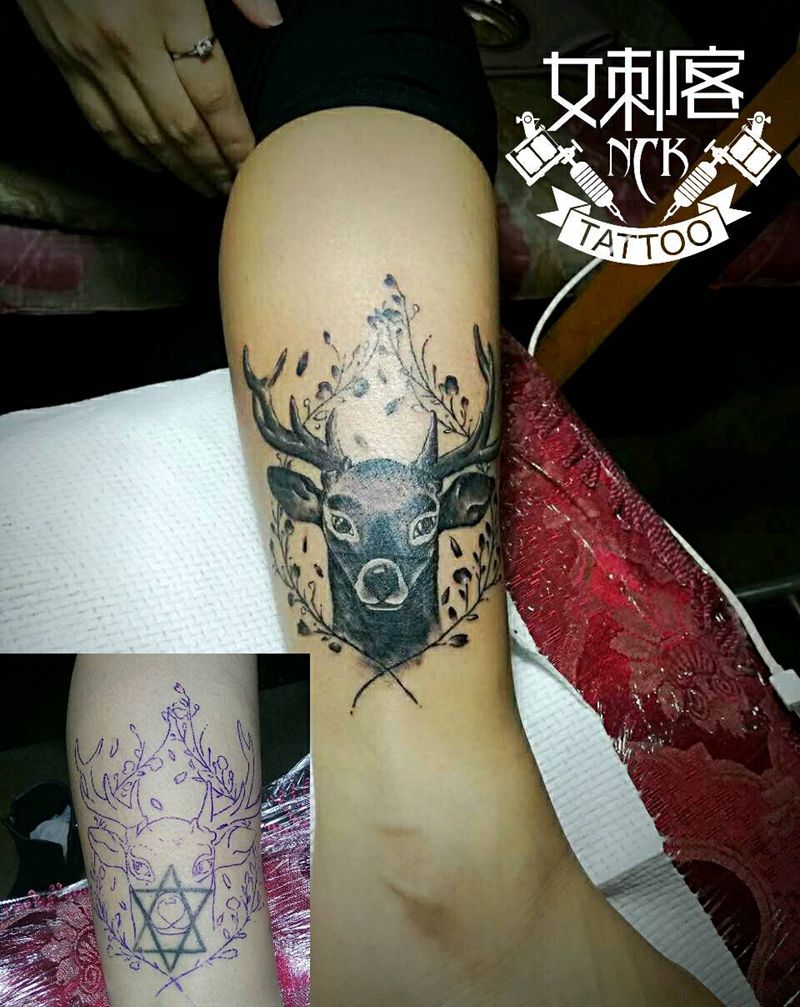 遮盖作品纹身图片_腿部欧美动物遮盖成品纹身图案