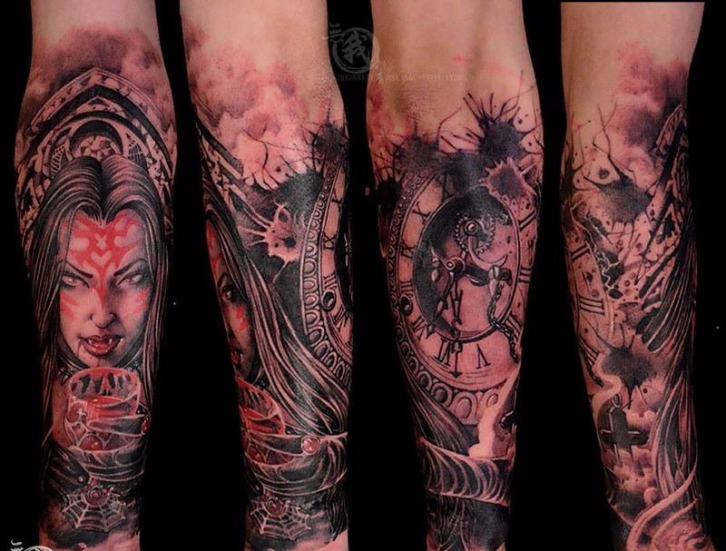 吸血鬼时钟包小臂纹身图片_成品手稿插画手部手臂欧美肖像写实人物鬼神纹身图案