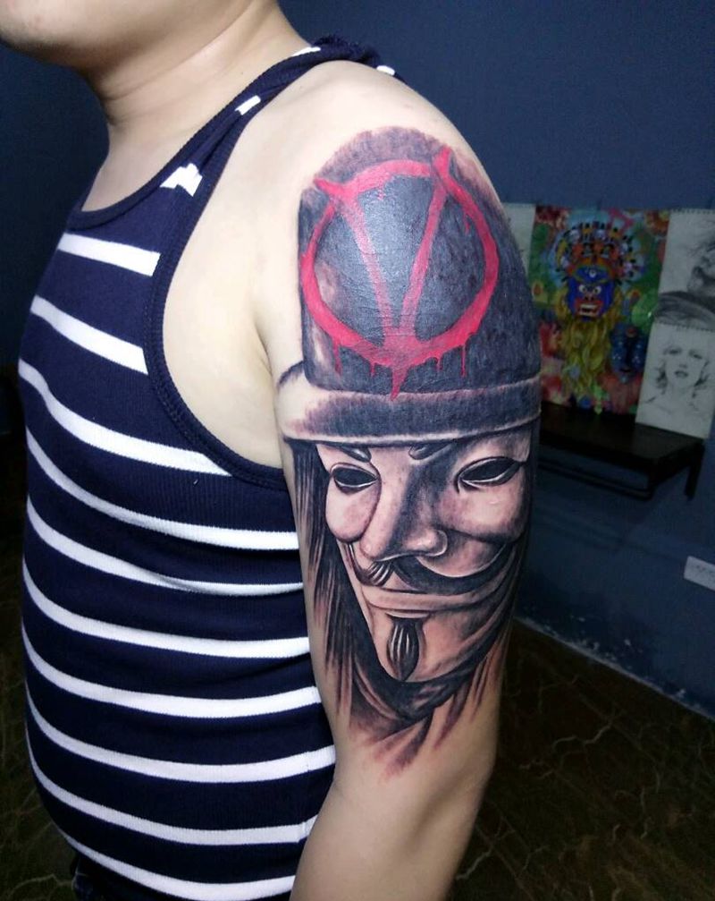 v字仇杀队纹身图片_手臂欧美人物遮盖成品纹身图案