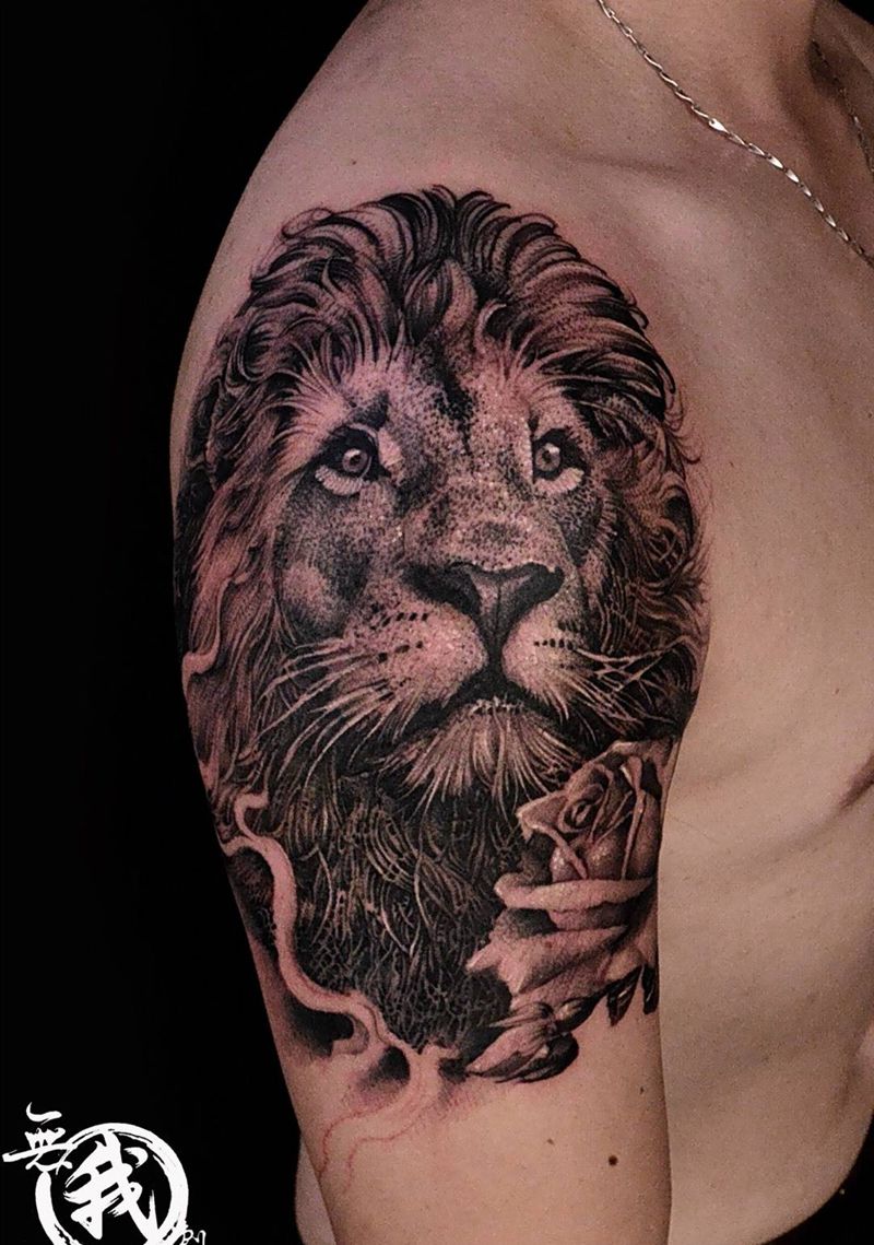 狮子纹身图片_成品手稿插画手臂欧美肖像写实动物纹身图案