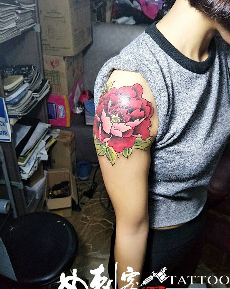 牡丹花开纹身图片_手臂传统植物成品纹身图案