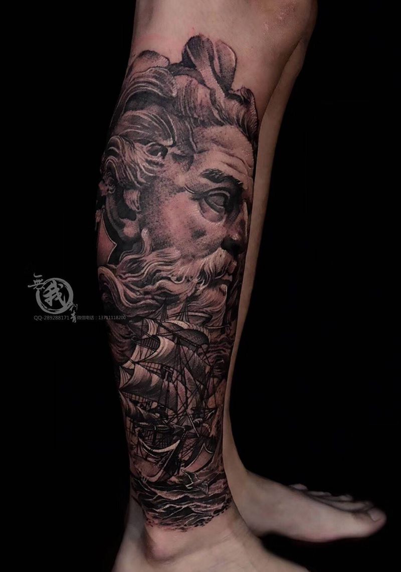 海神纹身图片_腿部欧美写实纹身图案
