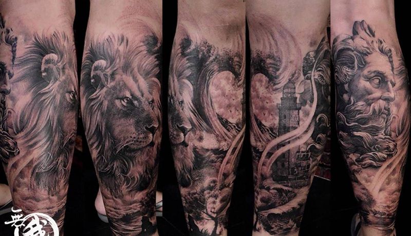 欧美包小腿纹身图片_腿部脚部欧美写实宗教人物原创手稿成品动物纹身图案