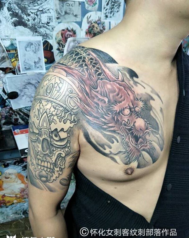 半甲纹身图片_传统鬼神半甲成品纹身图案