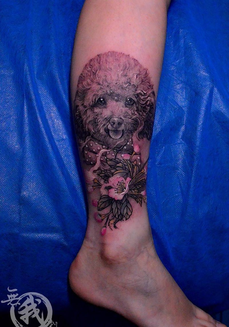 贵宾犬纹身图片_成品手稿插画腿部脚部欧美写实肖像动物植物纹身图案
