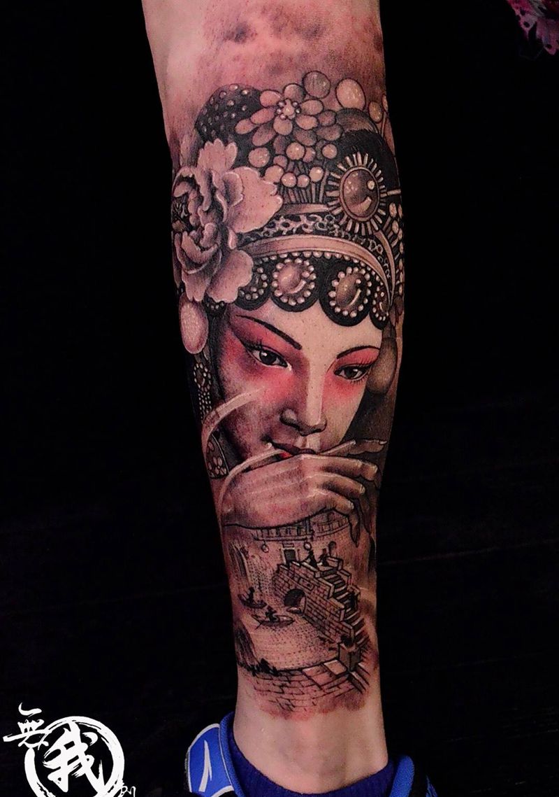 包小腿作品纹身图片_成品手稿脚部腿部欧美写实肖像人物原创鬼神纹身图案