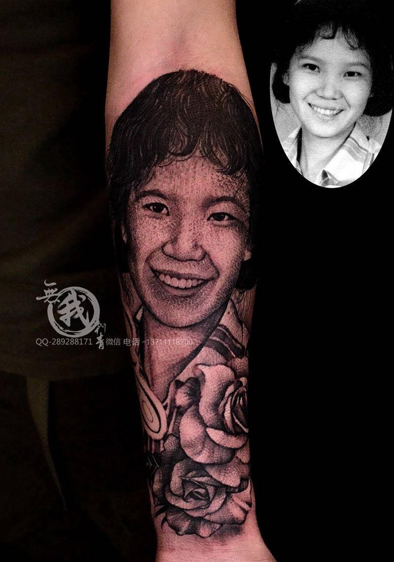 肖像纹身图片_成品手稿手臂欧美写实肖像人物原创植物纹身图案