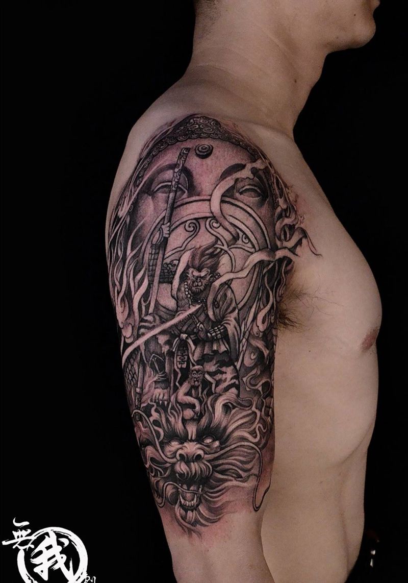 大臂作品纹身图片_人物鬼神动物写实成品手稿插画手部手臂纹身图案