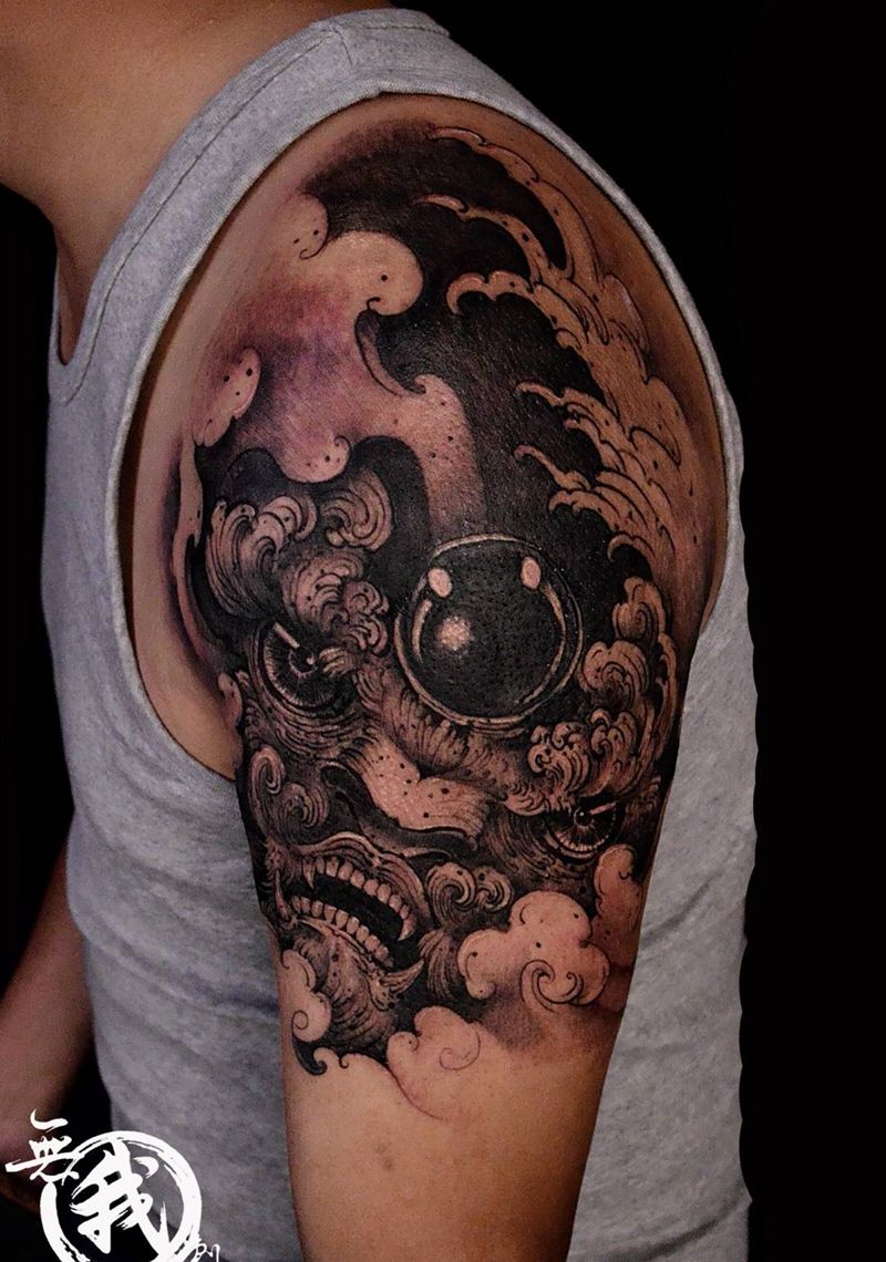 唐狮纹身图片_成品手稿手部手臂传统鬼神动物国画纹身图案