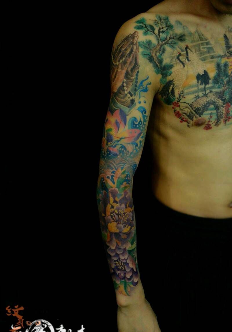全彩花臂纹身图片_欧美传统写实国画手臂腿部动物人物植物图腾纹身图案