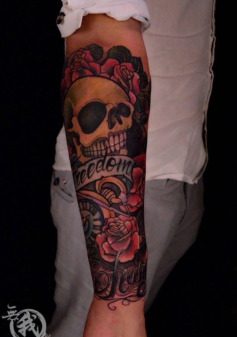 骷髅玫瑰纹身图片_成品手稿插画手部手臂欧美鬼神字符植物纹身图案