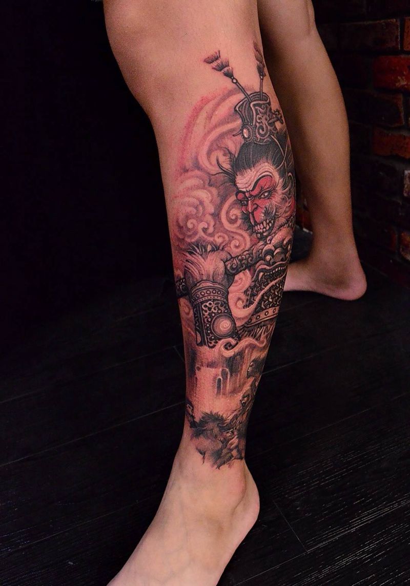 猴王纹身图片_成品手稿插画腿部脚部人物原创鬼神动物传统纹身图案