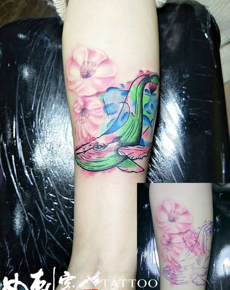 水彩遮盖作品，花 非本店作品纹身图片_手臂清新水彩纹身图案