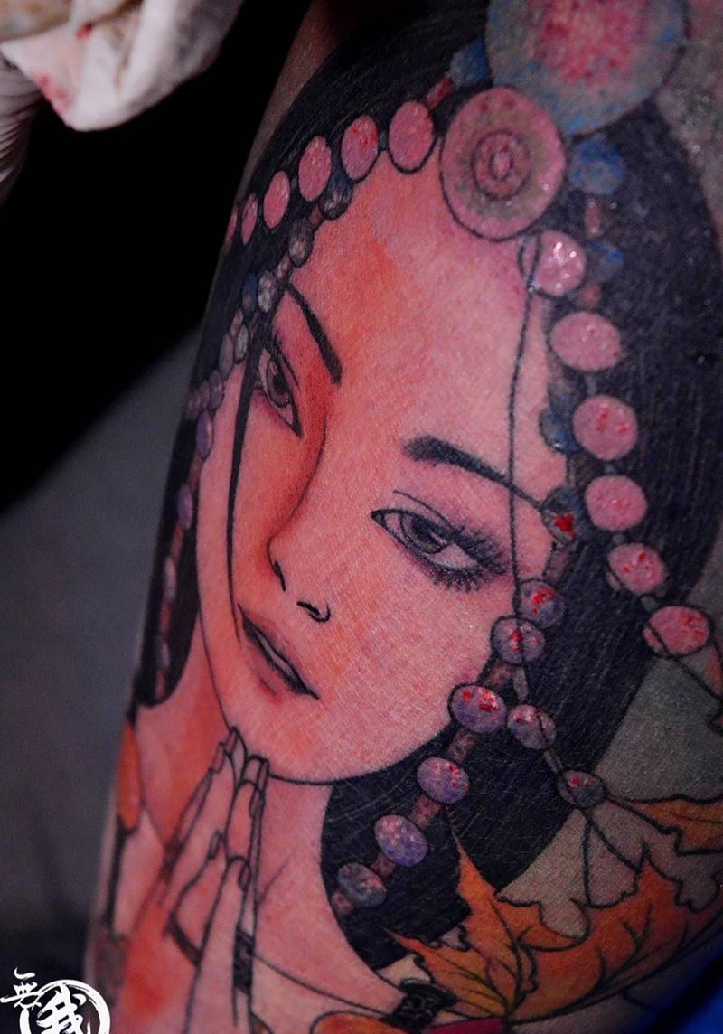 彩色作品纹身图片_欧美写实传统肖像成品手稿插画腿部脚部人物纹身图案