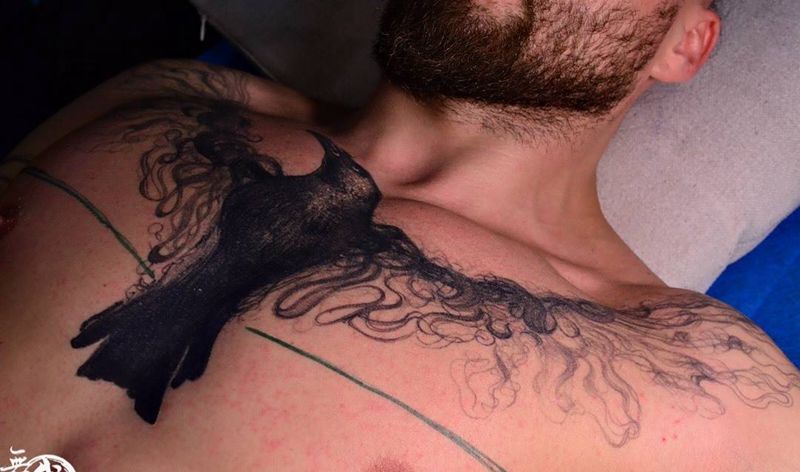 欧美作品纹身图片_成品手稿插画胸部动物欧美写实清新纹身图案