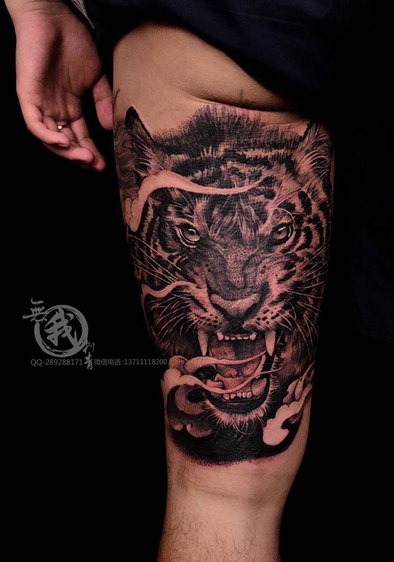 老虎纹身图片_成品手稿腿部欧美写实肖像动物原创纹身图案