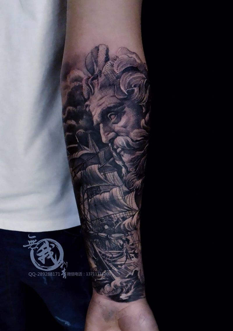 海神纹身图片_成品手稿手臂欧美原创人物纹身图案
