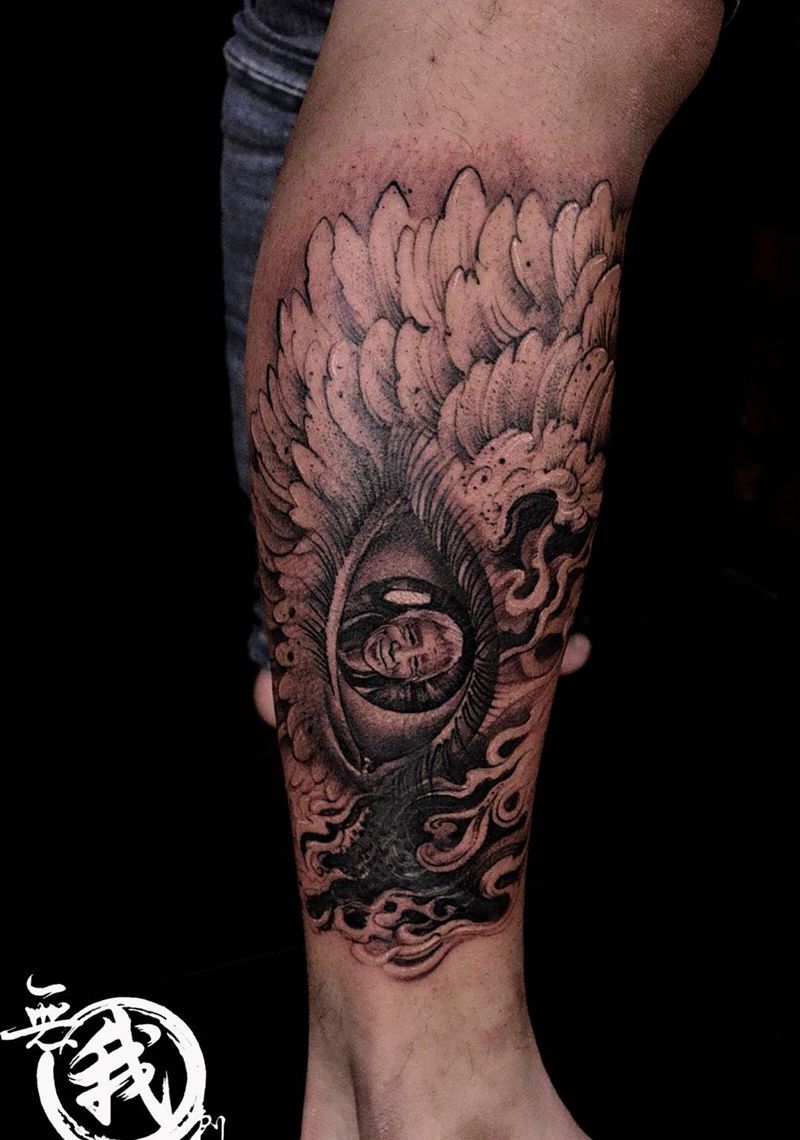 欧美作品纹身图片_成品手稿插画腿部脚部欧美写实肖像人物纹身图案