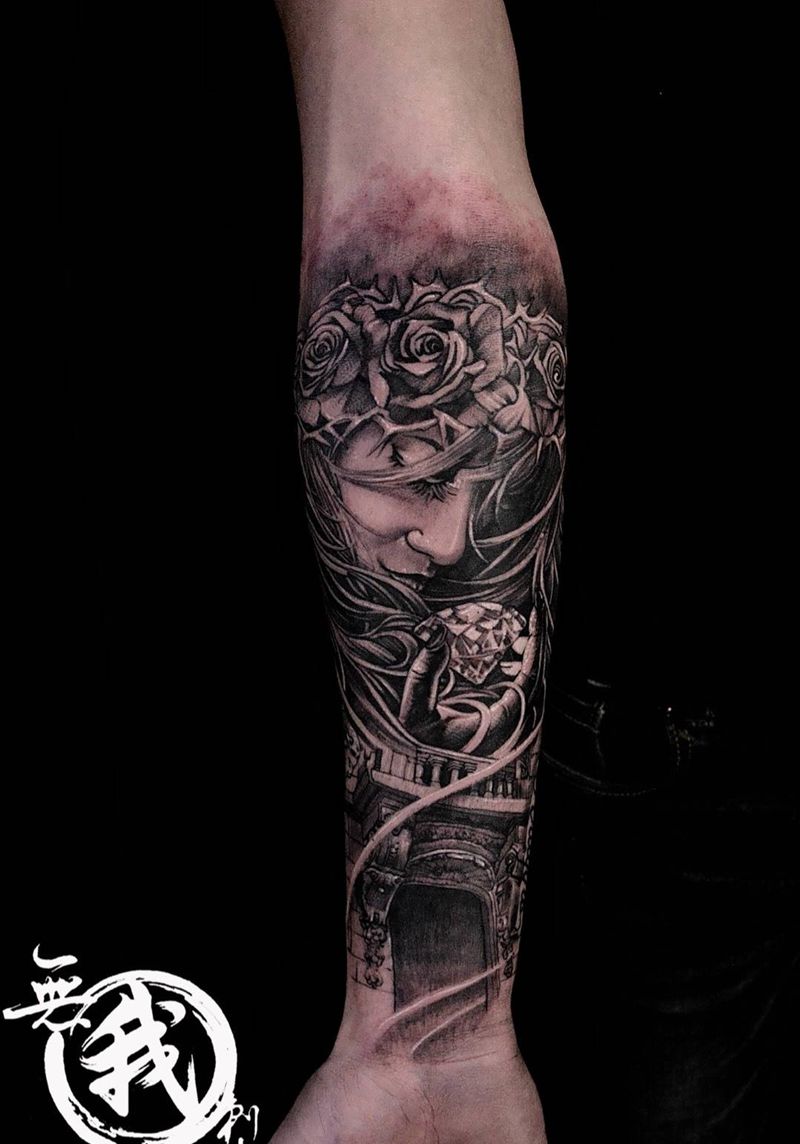 欧美作品纹身图片_人物宗教欧美写实肖像手臂手部成品手稿纹身图案