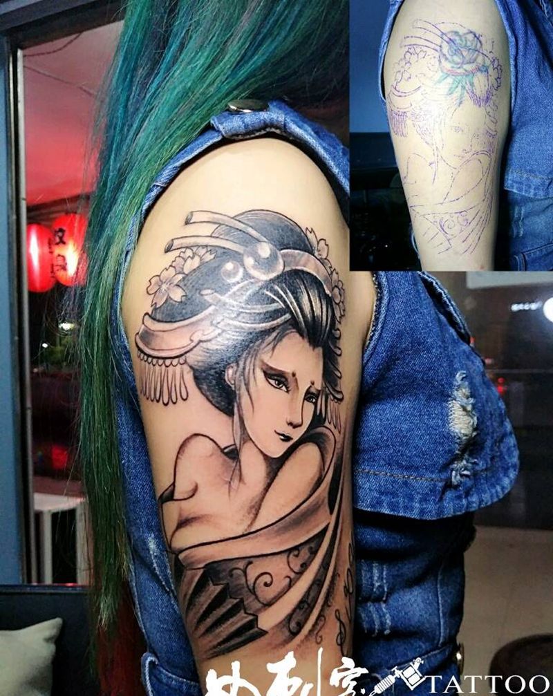 遮盖作品纹身图片_手臂传统人物遮盖纹身图案