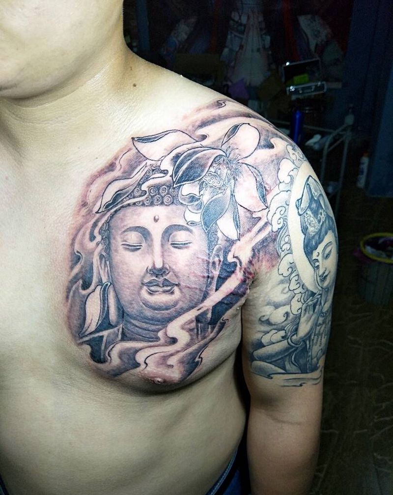 半甲纹身图片_胸部手臂传统人物宗教半甲成品纹身图案
