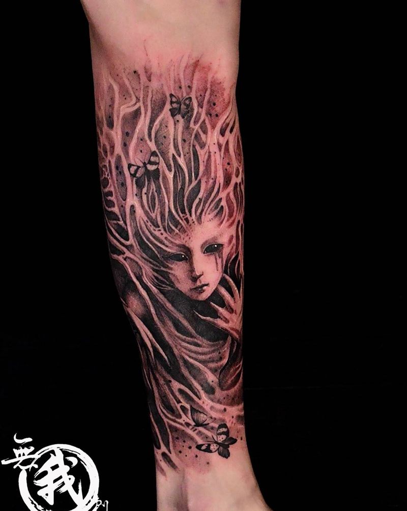 欧美作品纹身图片_成品手稿脚部腿部写实欧美人物鬼神纹身图案