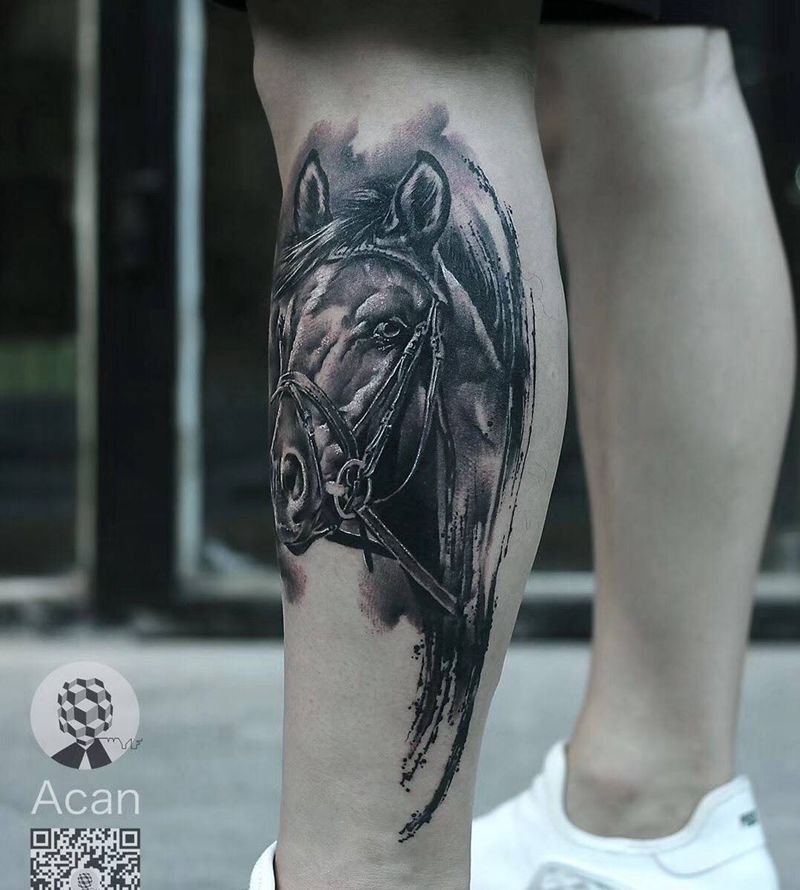 马纹身图片_成品腿部写实动物原创纹身图案